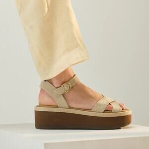 Rothy's Beige Woven Platform Sandal with Gold Buckle